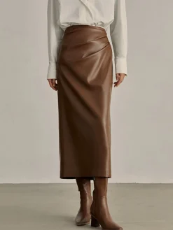 COMMENSE Skirts|Bottoms^Minimalist PU Leather Skirt Brown