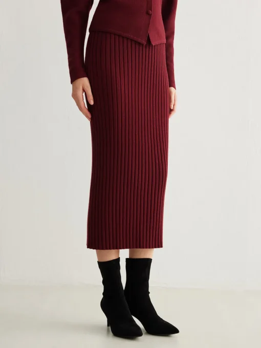 COMMENSE Skirts|Knitwear^Minimalist Ribbed Sweater Skirt Burgundy