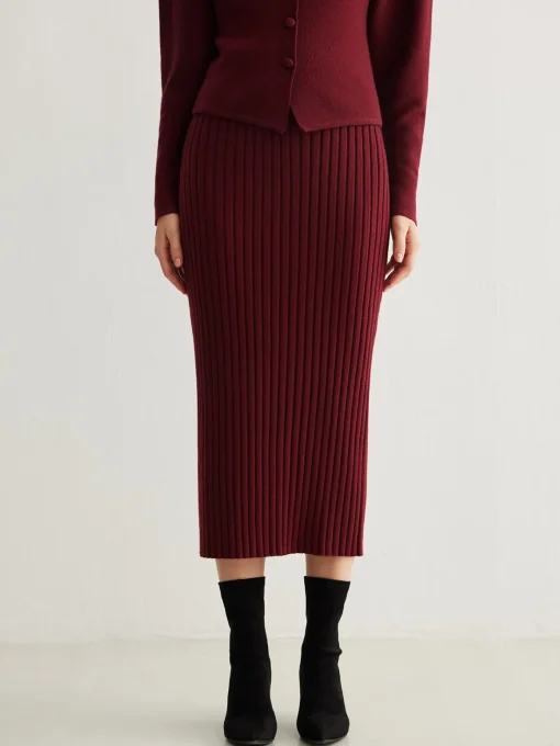 COMMENSE Skirts|Knitwear^Minimalist Ribbed Sweater Skirt Burgundy