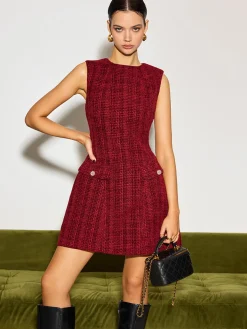 COMMENSE Wedding Guest Dresses|Dresses^Minimalist Tweed Tank Short Dress Burgundy