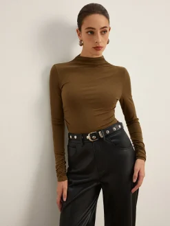 COMMENSE T-shirts^Mock Neck Asymmetical Pleated Top Green
