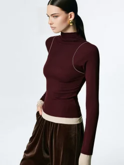 COMMENSE T-shirts|Tops^Mock Neck Contrast Binding Jersey Top DarkBrown