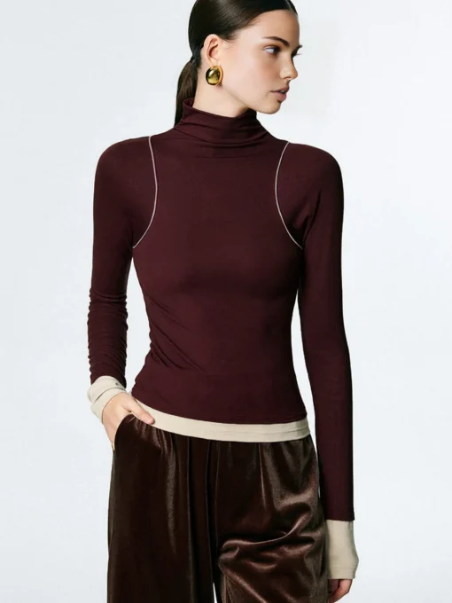 COMMENSE T-shirts|Tops^Mock Neck Contrast Binding Jersey Top DarkBrown