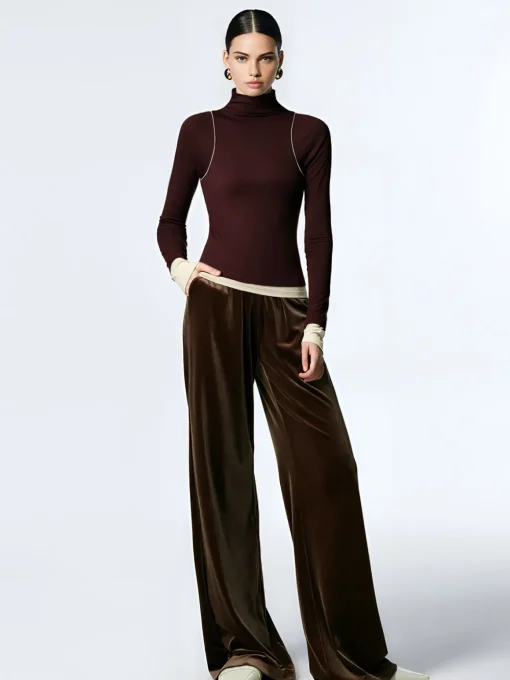 COMMENSE T-shirts|Tops^Mock Neck Contrast Binding Jersey Top DarkBrown