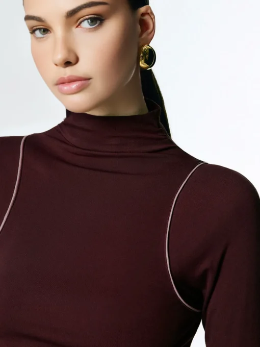 COMMENSE T-shirts|Tops^Mock Neck Contrast Binding Jersey Top DarkBrown