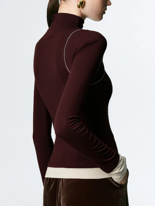 COMMENSE T-shirts|Tops^Mock Neck Contrast Binding Jersey Top DarkBrown