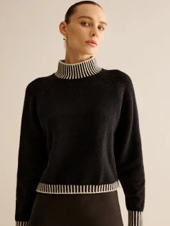 COMMENSE Sweater Tops|Sweaters & Cardigans^Mock Neck Contrast Pinstripe Sweater Black