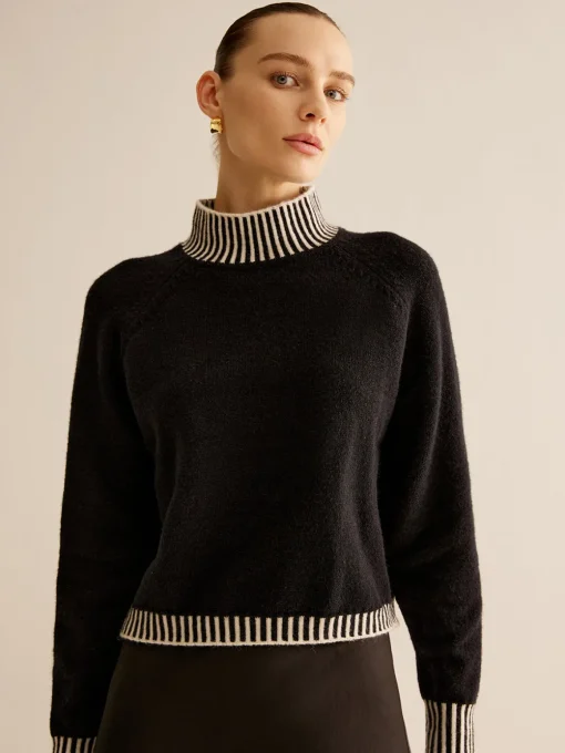 COMMENSE Sweater Tops|Sweaters & Cardigans^Mock Neck Contrast Pinstripe Sweater Black