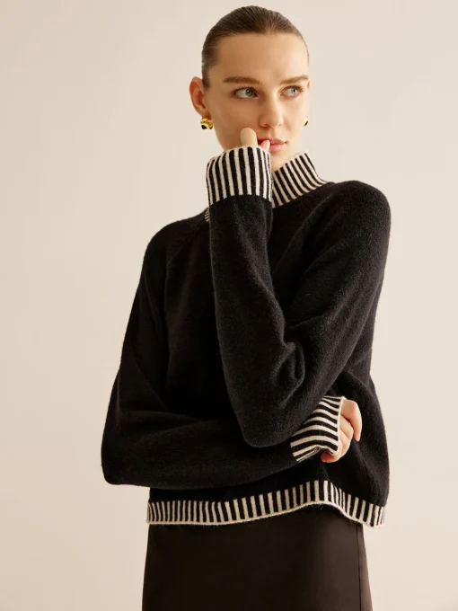 COMMENSE Sweater Tops|Sweaters & Cardigans^Mock Neck Contrast Pinstripe Sweater Black