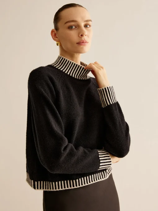 COMMENSE Sweater Tops|Sweaters & Cardigans^Mock Neck Contrast Pinstripe Sweater Black