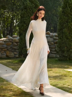 COMMENSE Dresses^Mock Neck Lace Flowy Long Dress White