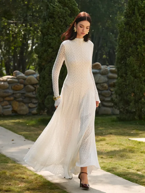 COMMENSE Dresses^Mock Neck Lace Flowy Long Dress White