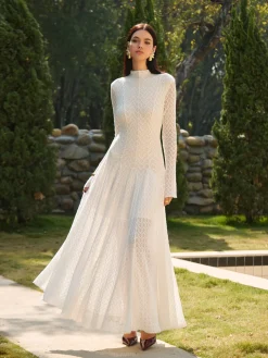 COMMENSE Dresses^Mock Neck Lace Flowy Long Dress White