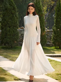 COMMENSE Dresses^Mock Neck Lace Flowy Long Dress White