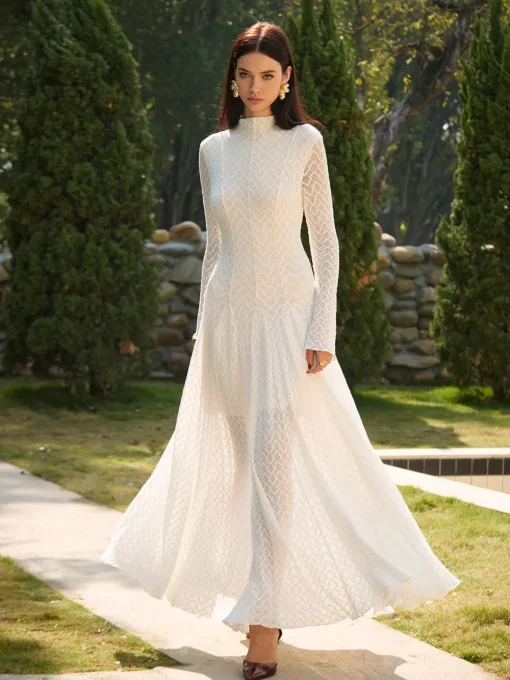 COMMENSE Dresses^Mock Neck Lace Flowy Long Dress White