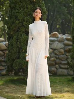 COMMENSE Dresses^Mock Neck Lace Flowy Long Dress White
