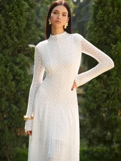 COMMENSE Dresses^Mock Neck Lace Flowy Long Dress White