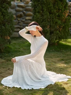 COMMENSE Dresses^Mock Neck Lace Flowy Long Dress White