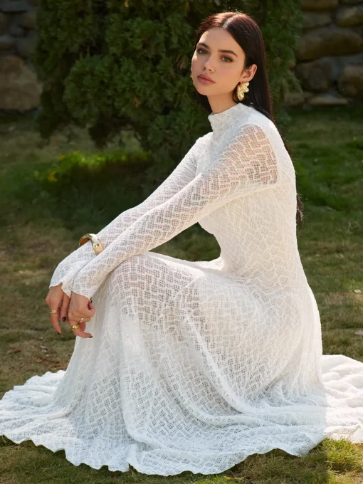 COMMENSE Dresses^Mock Neck Lace Flowy Long Dress White