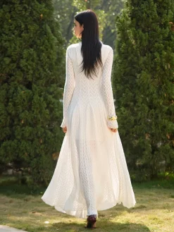 COMMENSE Dresses^Mock Neck Lace Flowy Long Dress White
