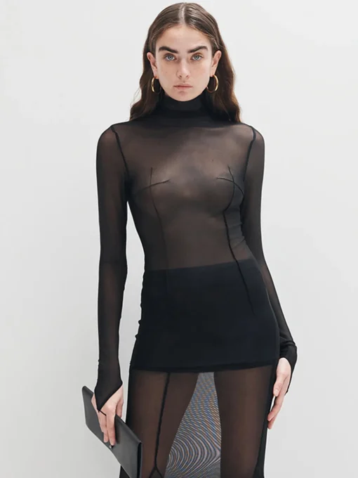 COMMENSE T-shirts|Matching Sets^Mock Neck Mesh Thin T-Shirt Black