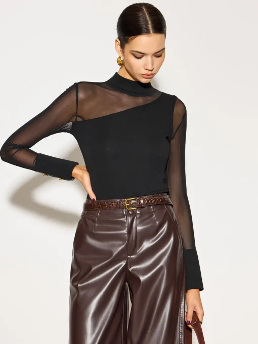 COMMENSE Tops^Mock Neck Mesh-Detail Long Sleeve T-Shirt Black