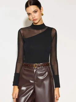 COMMENSE Tops^Mock Neck Mesh-Detail Long Sleeve T-Shirt Black