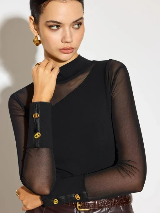COMMENSE Tops^Mock Neck Mesh-Detail Long Sleeve T-Shirt Black