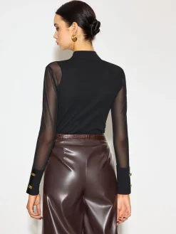 COMMENSE Tops^Mock Neck Mesh-Detail Long Sleeve T-Shirt Black