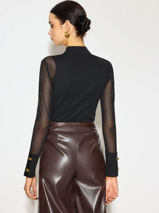 COMMENSE Tops^Mock Neck Mesh-Detail Long Sleeve T-Shirt Black
