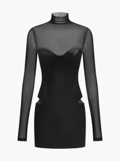 COMMENSE Dresses^Mock Neck Mesh-Detail Short Dress Black