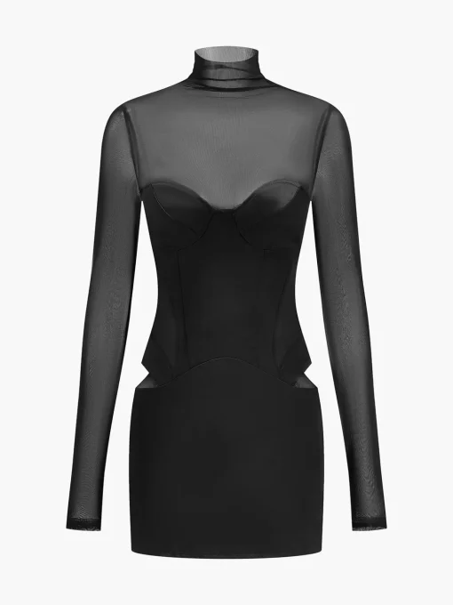 COMMENSE Dresses^Mock Neck Mesh-Detail Short Dress Black