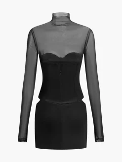 COMMENSE Dresses^Mock Neck Mesh-Detail Short Dress Black
