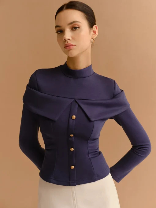 COMMENSE T-shirts|Tops^Mock Neck Metal-Detail Jersey Top Navy