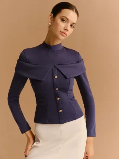 COMMENSE T-shirts|Tops^Mock Neck Metal-Detail Jersey Top Navy