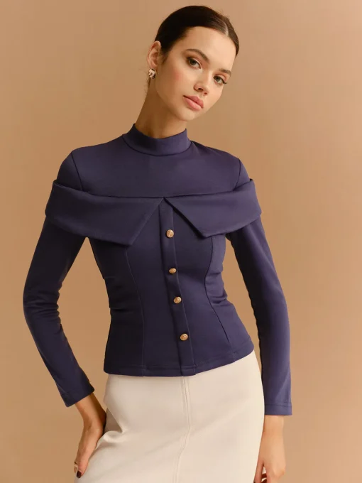 COMMENSE T-shirts|Tops^Mock Neck Metal-Detail Jersey Top Navy