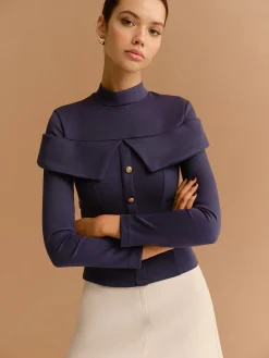 COMMENSE T-shirts|Tops^Mock Neck Metal-Detail Jersey Top Navy
