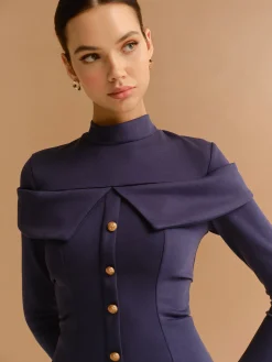 COMMENSE T-shirts|Tops^Mock Neck Metal-Detail Jersey Top Navy