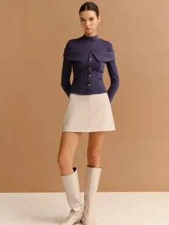 COMMENSE T-shirts|Tops^Mock Neck Metal-Detail Jersey Top Navy