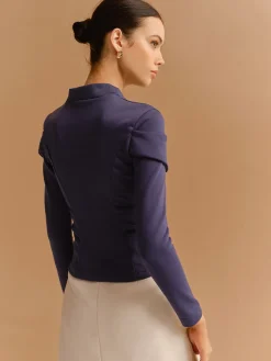 COMMENSE T-shirts|Tops^Mock Neck Metal-Detail Jersey Top Navy