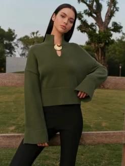 COMMENSE Knitwear|Tops^Mock Neck Metal-Detail Short Sweater ArmyGreen