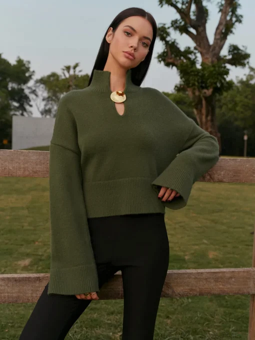 COMMENSE Knitwear|Tops^Mock Neck Metal-Detail Short Sweater ArmyGreen