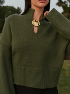 COMMENSE Knitwear|Tops^Mock Neck Metal-Detail Short Sweater ArmyGreen