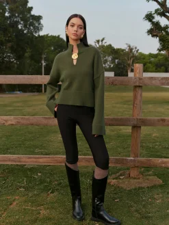 COMMENSE Knitwear|Tops^Mock Neck Metal-Detail Short Sweater ArmyGreen