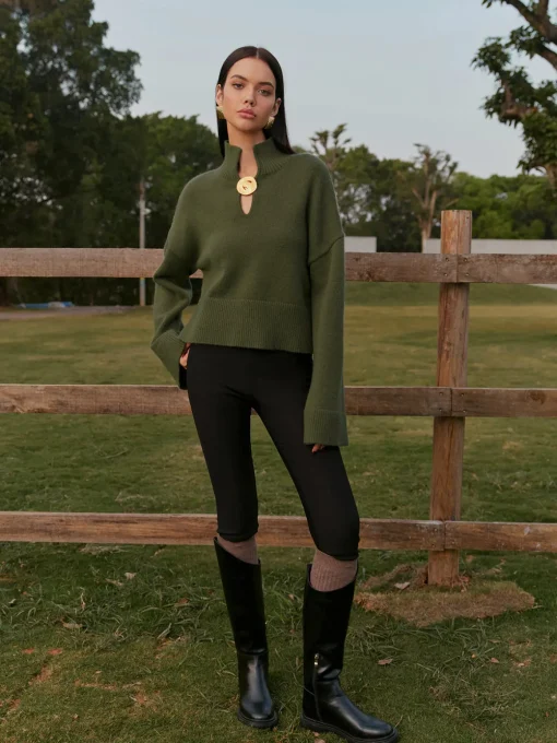 COMMENSE Knitwear|Tops^Mock Neck Metal-Detail Short Sweater ArmyGreen