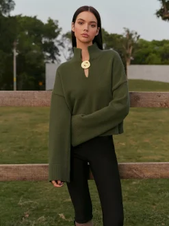 COMMENSE Knitwear|Tops^Mock Neck Metal-Detail Short Sweater ArmyGreen