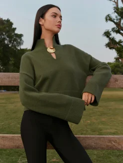 COMMENSE Knitwear|Tops^Mock Neck Metal-Detail Short Sweater ArmyGreen