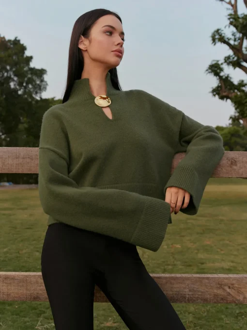 COMMENSE Knitwear|Tops^Mock Neck Metal-Detail Short Sweater ArmyGreen