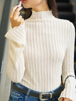 COMMENSE T-shirts|Tops^Mock Neck Plisse Skinny T-Shirt Off-White