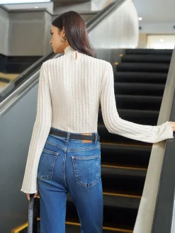 COMMENSE T-shirts|Tops^Mock Neck Plisse Skinny T-Shirt Off-White